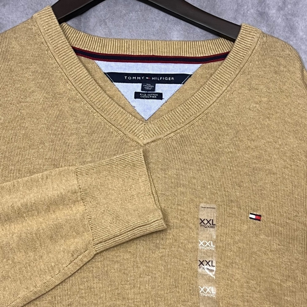 Tommy Hilfiger V-Neck Sweater Mens XXL Tan New Pima Cotton Pullover 0937358